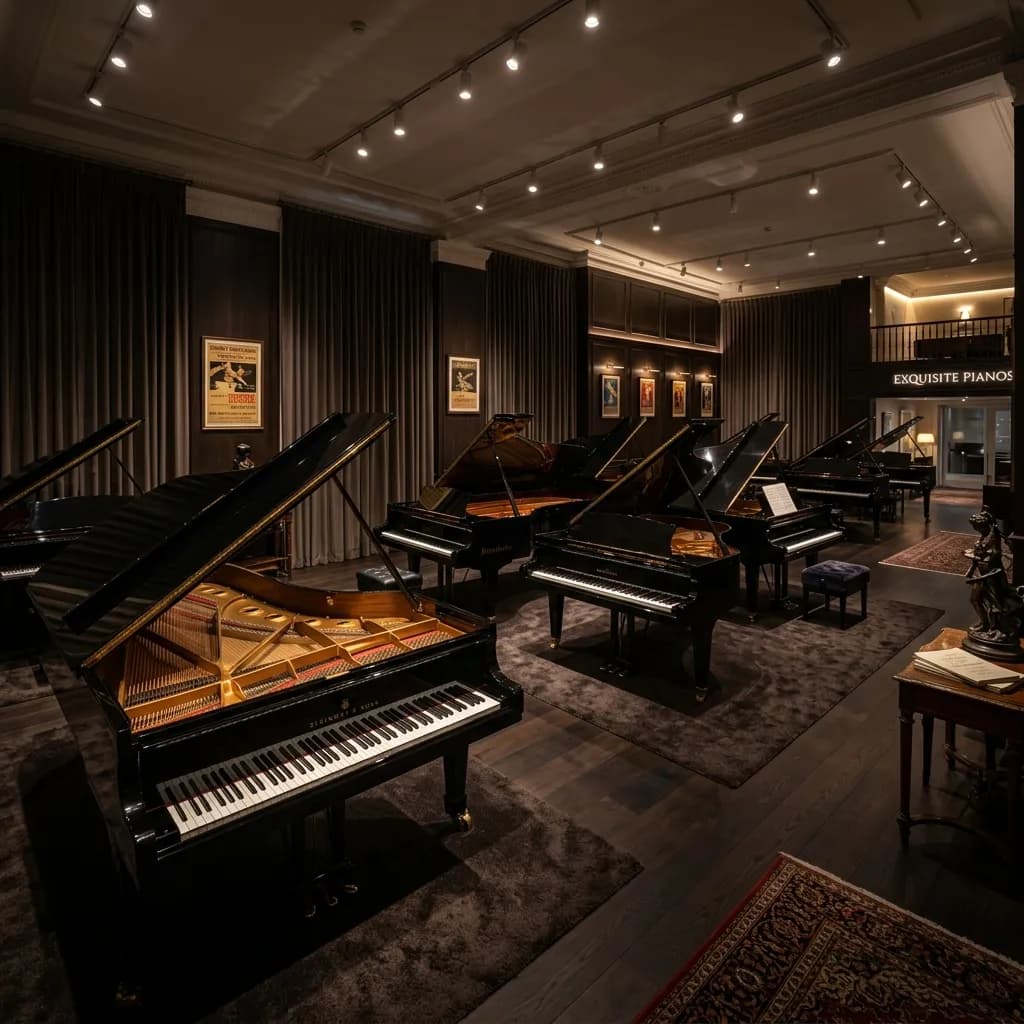 Showroom piano sang trọng với ánh sáng chuyên nghiệp